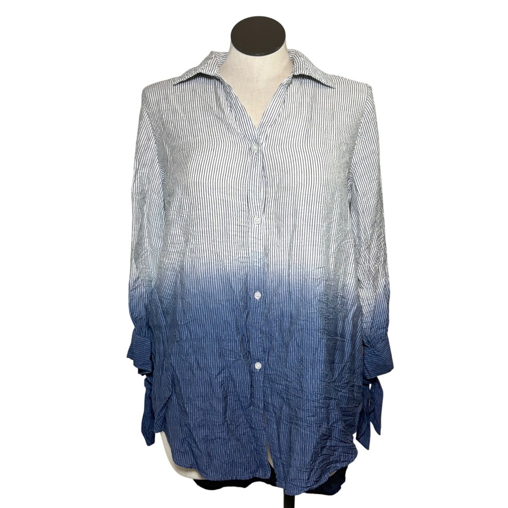 L Love Women Blue White Ombre Striped Button Down Tunic Shirt LV20424 Size L